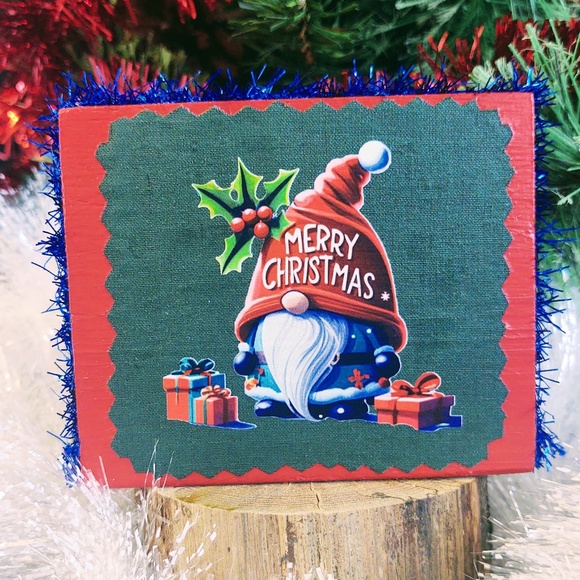 Hand Crafted Tiered Tray Decor, Mini Wood Sign, Merry Christmas Santa Gnome - Picture 1 of 4